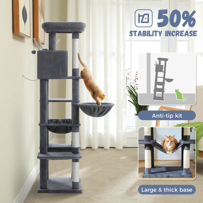 69" Cat Tree for Indoor Cats Multi-Level Cat Condo with Large Hammock Perch and 5 Scratching Posts, Dark Gray