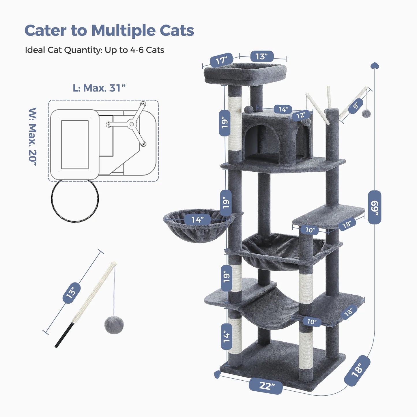 69" Cat Tree for Indoor Cats Multi-Level Cat Condo with Large Hammock Perch and 5 Scratching Posts, Dark Gray
