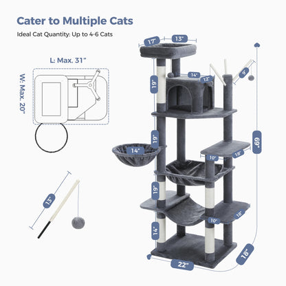 69" Cat Tree for Indoor Cats Multi-Level Cat Condo with Large Hammock Perch and 5 Scratching Posts, Dark Gray