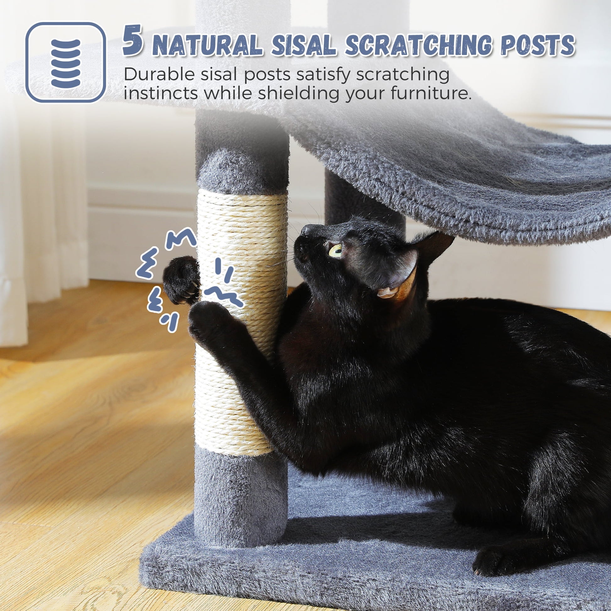 69" Cat Tree for Indoor Cats Multi-Level Cat Condo with Large Hammock Perch and 5 Scratching Posts, Dark Gray