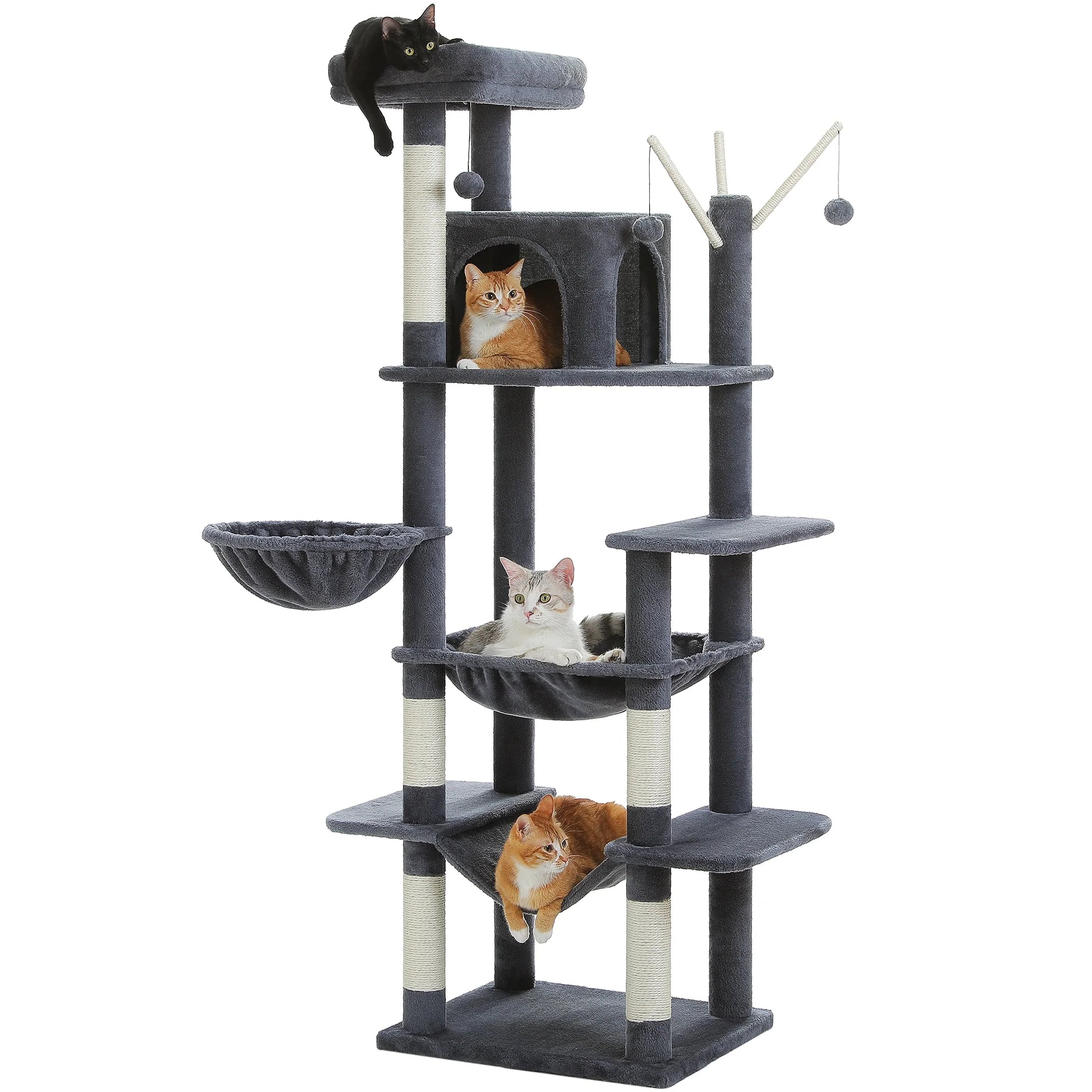 69" Cat Tree for Indoor Cats Multi-Level Cat Condo with Large Hammock Perch and 5 Scratching Posts, Dark Gray