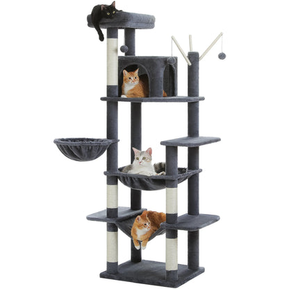 69" Cat Tree for Indoor Cats Multi-Level Cat Condo with Large Hammock Perch and 5 Scratching Posts, Dark Gray