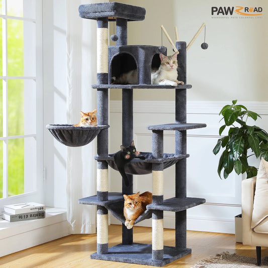 69" Cat Tree for Indoor Cats Multi-Level Cat Condo with Large Hammock Perch and 5 Scratching Posts, Dark Gray