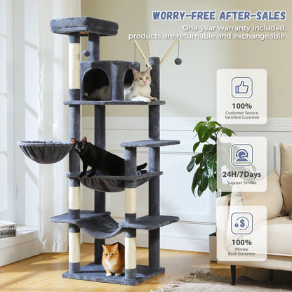 69" Cat Tree for Indoor Cats Multi-Level Cat Condo with Large Hammock Perch and 5 Scratching Posts, Dark Gray