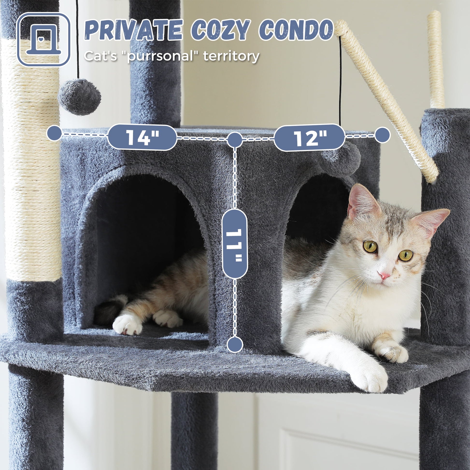 69" Cat Tree for Indoor Cats Multi-Level Cat Condo with Large Hammock Perch and 5 Scratching Posts, Dark Gray