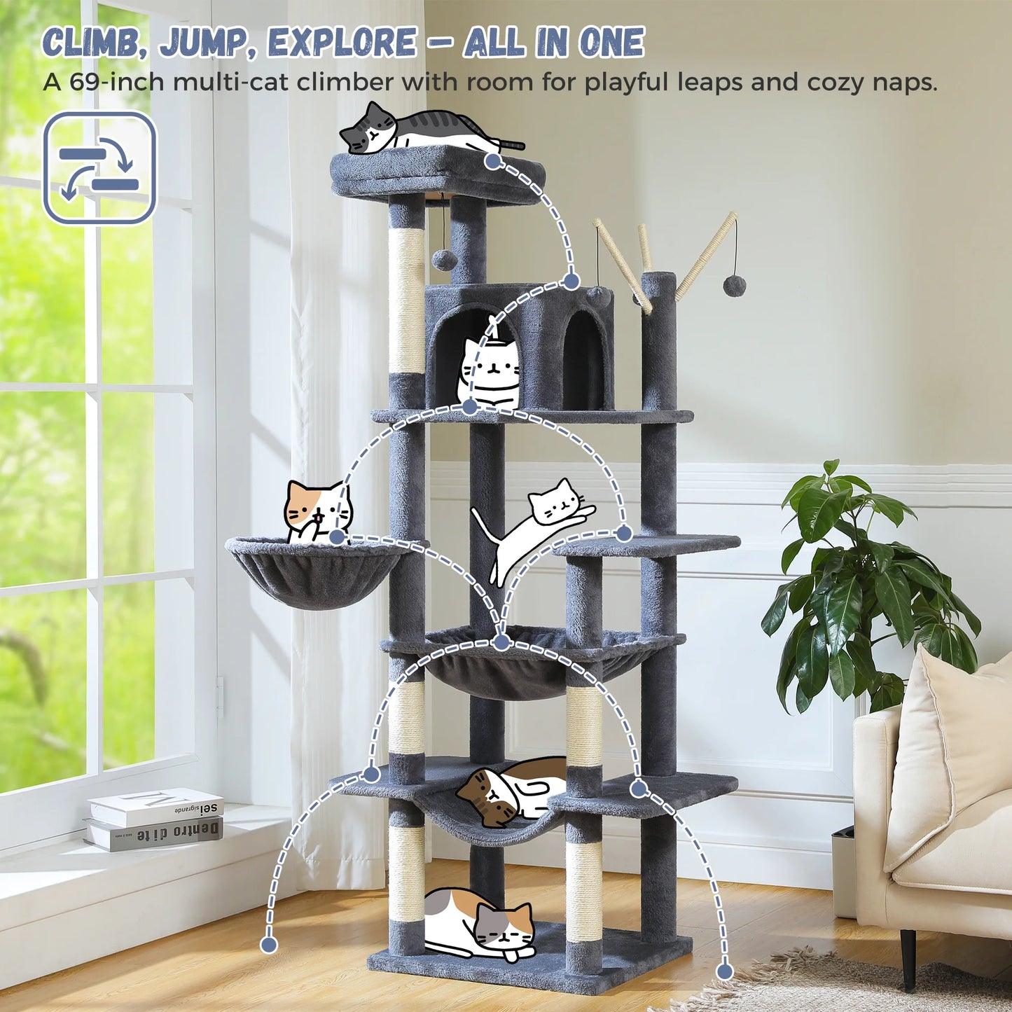 69" Cat Tree for Indoor Cats Multi-Level Cat Condo with Large Hammock Perch and 5 Scratching Posts, Dark Gray